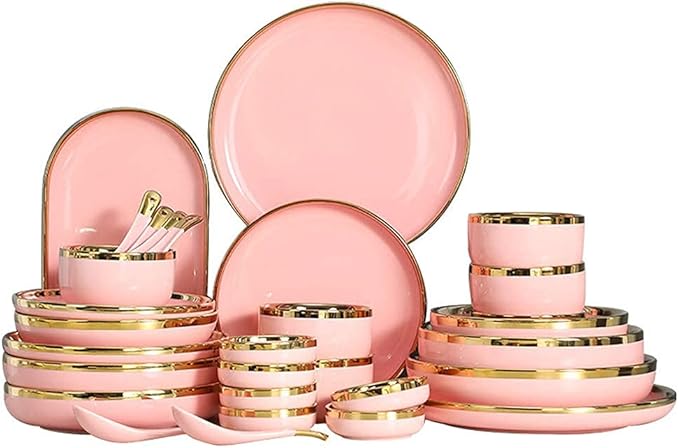 Nordic Style Tableware Set, Ceramic Plate And Bowl Set, Family Restaurant Tableware, 2/4/6 Person Tableware Set, Handmade Ceramic Utensils (Pink 18 pcs)