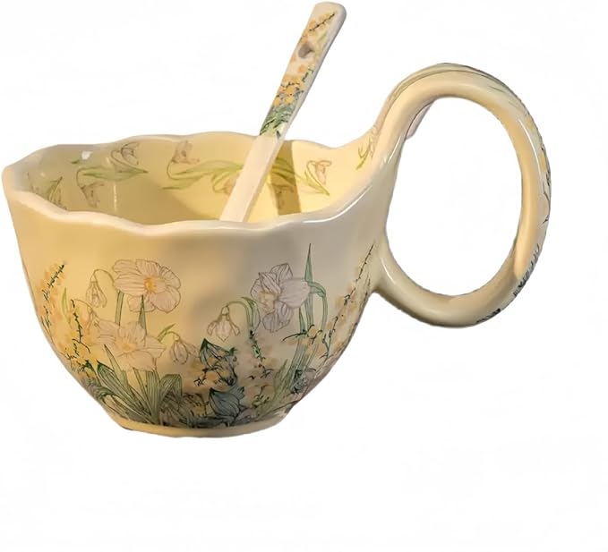 16.91oz/500ml Handpainted Soup Bowl with Handle,Ceramic Cereal Bowl Microwave & Dishwasher Safe,Loop Handle Bowl Great for Soup,Yogurt,Snack,Chip,Stew,Ice Cream,Coffee (Cosmos Flower)