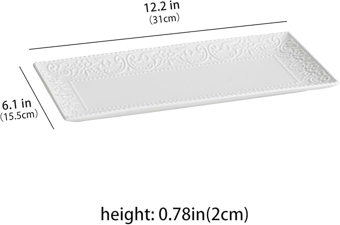Rectangular Embossed Serving Platter Set, 12 Inch Large Serving Plates, Stackable Serving Tray for Wedding, Ceramic White Serving Platters for Entertaining, Dishwasher & Oven Safe (4PCS)