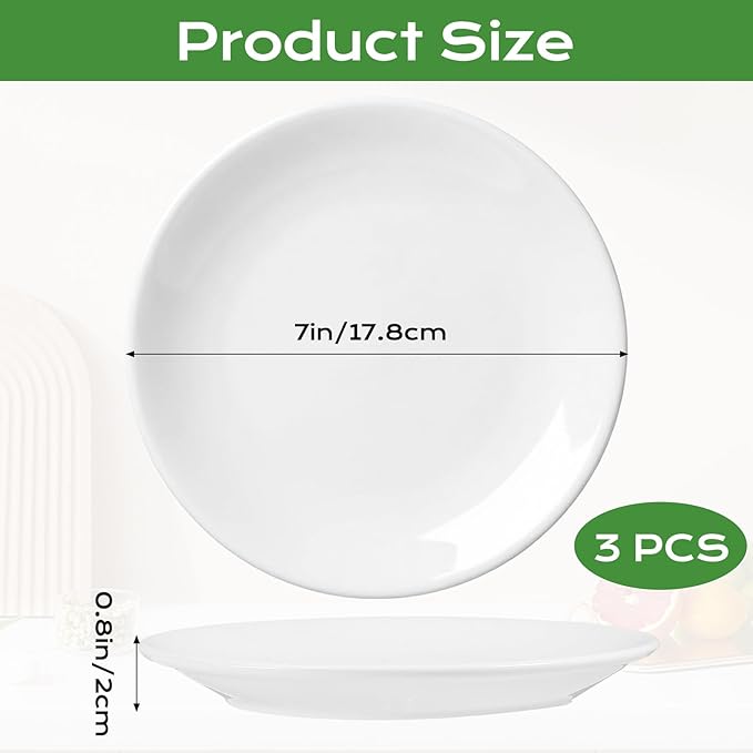 Ceramic Plates White Set of 3, 7 Inch Porcelain Dessert Plates Round, Small Serving Dishes for Salad, Snack, Cake, Dinner Microwave Oven Dishwasher Safe