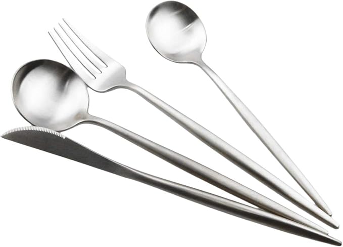 Gugrida Luxury Flatware, Royal 5 Piece Matte White Handle 18/10 Stainless Steel Tableware Sets for 1 Including Forks Spoons Knives, Camping Silverware Travel Utensils Set Cutlery (Full Silver)