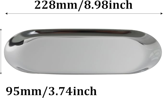 2Pcs 9x4inch Stainless Steel Decorative Trays, Oval Jewelry Dish Cosmetics Organizer, Silver Serving Platter for Bathroom Vanity Dresser Storage