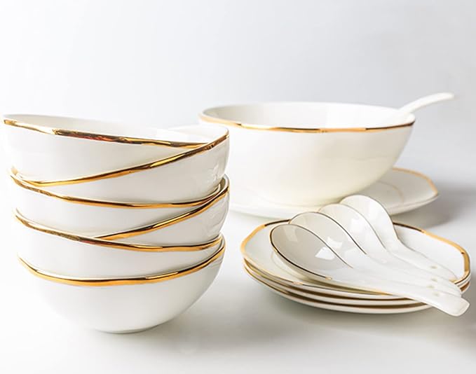 Dinner Sets, Dinnerware Series, 16-Piece White Porcelain Dinnerware Set, Gold Border Dish Set with Dessert Plates/Soup Plates/Dinner Plates and Bowls Sets, Tableware Service