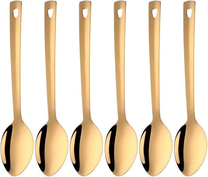 Stainless Steel Serving Spoons: Long Handle Flatware Set of 6 - Large Metal Kitchen Serving Tablespoons for Buffet Banquet 13-Inch Gold