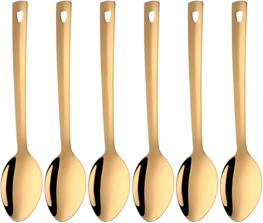 Stainless Steel Serving Spoons: Long Handle Flatware Set of 6 - Large Metal Kitchen Serving Tablespoons for Buffet Banquet 13-Inch Gold