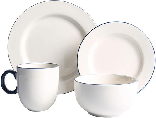 Ceramic Dinnerware Set, 24-Piece Kitchen Dinner Set, Plates, Bowls, Service for 6, Porcelain Round Embossed Dish Set, Tableware Combination Set with Blue Stripe