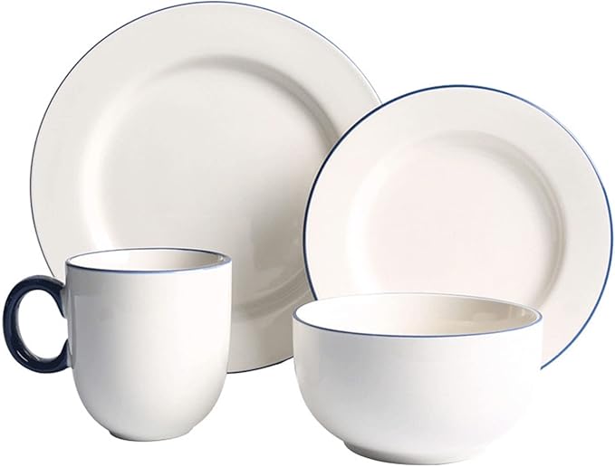 Ceramic Dinnerware Set, 24-Piece Kitchen Dinner Set, Plates, Bowls, Service for 6, Porcelain Round Embossed Dish Set, Tableware Combination Set with Blue Stripe