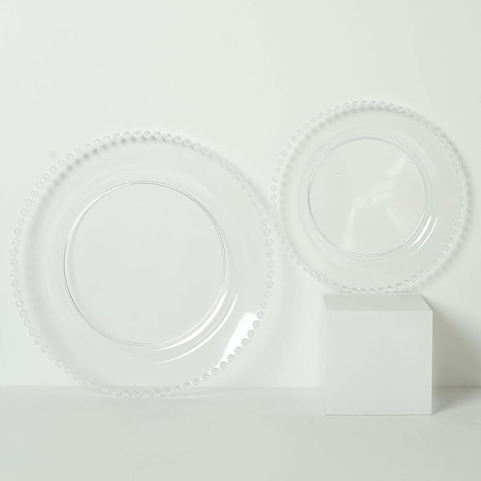 8" Salad Plates - Set of 20 - Plastic Clear Round Disposable Dessert Appetizer Plate Beaded Rim, Ideal for Dinner Party Wedding Bulk Events