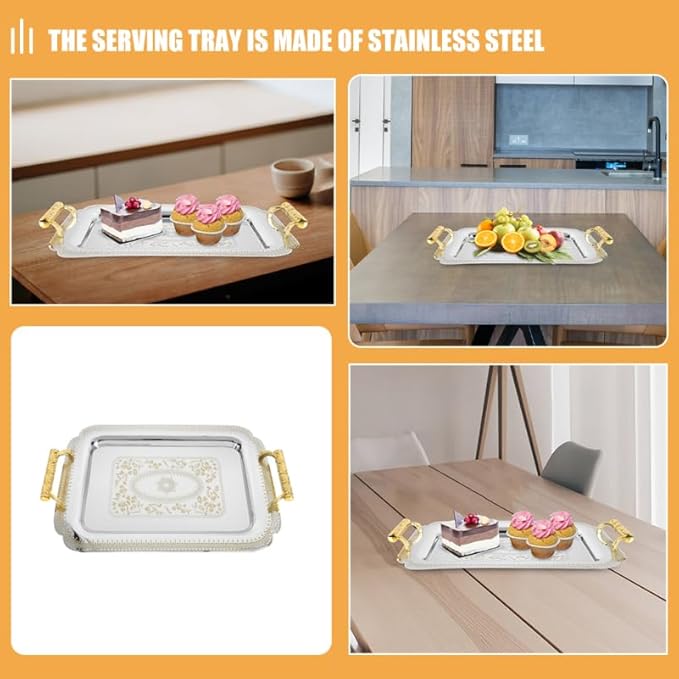 Alipis Stainless Steel Serving Tray Rectangle Vintage Fruit Snack Tray with Handle European Style Dessert Cake Tray Jewelry Plate for Restaurants Coffee Table Breakfast Drink Snack Decor