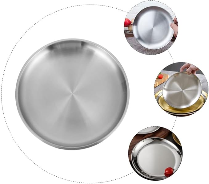 GLEAVI 1pc Thickened Round Plate Stainless Steel Serving Tray Fruit Tray Lid Non-Slip Design Modern Kitchen Accessory