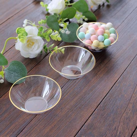 Efavormart 24 Pack Clear Heavy Duty Plastic Dessert Bowls with Gold Rim, Premium Disposable Ice Cream Party Bowls - 7oz