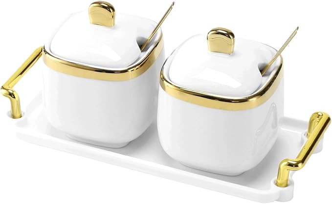 2 Pcs Ceramic Sugar Bowl Set with Tray, 12 oz Spice Container, Salt Bowl with Lid and Spoon, Modern Seasoning Storage Jar for Home and Kitchen, Coffee Bar