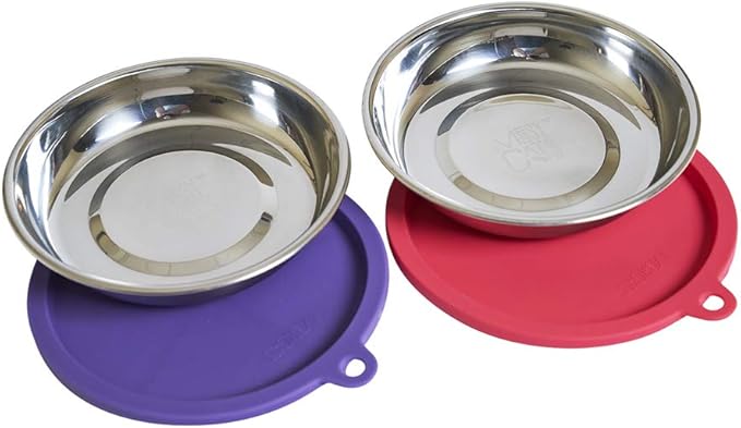 Messy Cats 4pc Set with Two Stainless Saucer Shaped Bowls and Two Silicone Lids, 1.75 Cups Per Bowl, Watermelon and Purple Lids