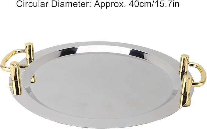 Stainless Steel Serving Plate, Elegant Mirror Finish Serving Tray Reusable Unbreakable Modern Kitchen Plates Golden with Handle for Hotel Restaurant Banquet (Round (Diameter 15.7in))