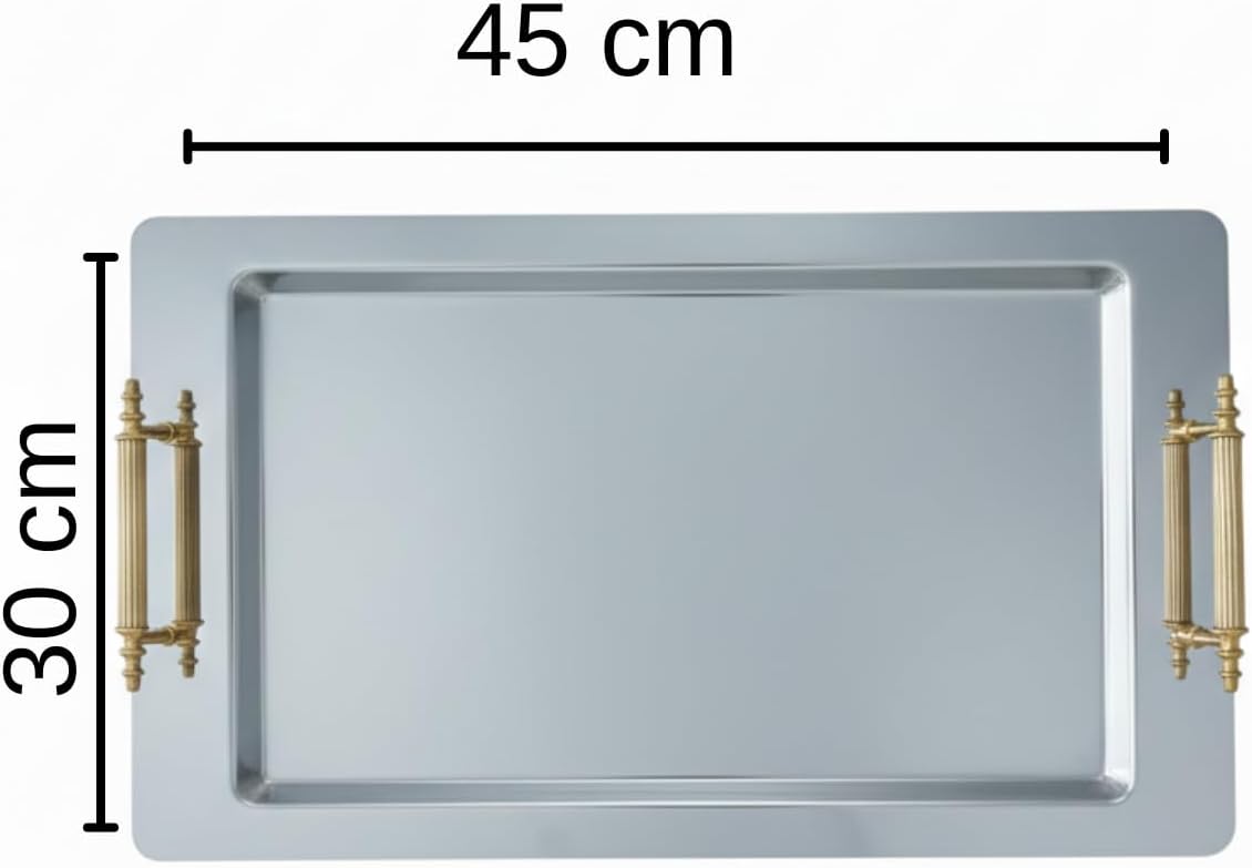 Stainless Steel Serving Tray with Gold Handles, Silver Rectangular Luxury Tray, 17.7 x 11.8 Inches, Large Serving Platter for 8 People