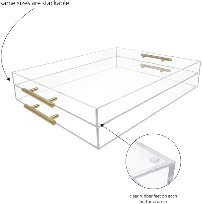 Isaac Jacobs Clear Acrylic Serving Tray (16x20) with Gold Metal Handles, Spill-Proof, Stackable Organizer, Food & Drinks Server, Indoors/Outdoors, Lucite Storage Décor (16x20, Clear with Gold Handle)