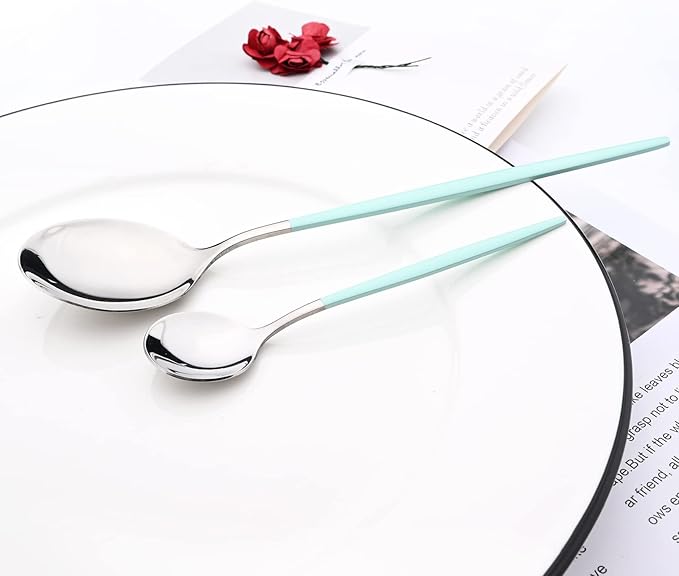 Mirror Cutlery Serving Set, 24-piece 18/0 Stainless Steel Silverware With Mint Green Handle Simple & Modern Tableware For Home Restaurant Dinner, Service For 6 (Mint Green Silver)
