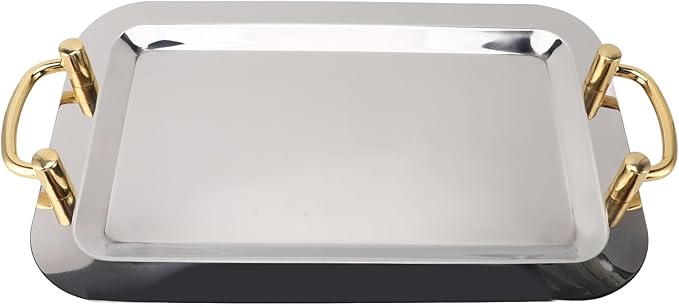 Stainless Steel Serving Plate, Elegant Mirror Finish Serving Tray Reusable Unbreakable Modern Kitchen Plates Golden with Handle for Hotel Restaurant Banquet (Rectangular (Length 16.9in))
