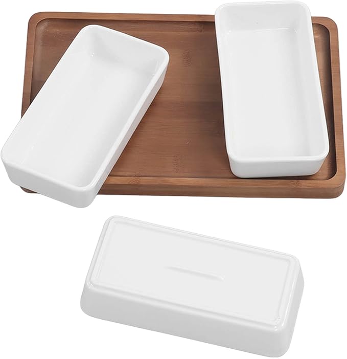 Restokki Snack Serving Tray Coffee Ceramic Segmented Long Strip Dishes Set with Pallets for Cookies Nuts Bread Dessert