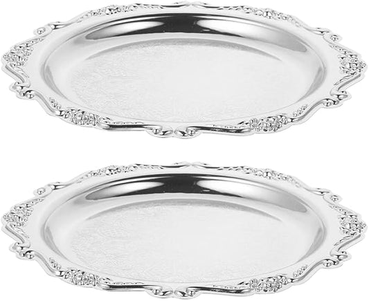 LOGOFUN 2pcs Vintage Iron Snack Tray Elegant Silver Dessert Plate Jewelry Holder Luxury Serving Dish for Home Decor Family Parties 15cm