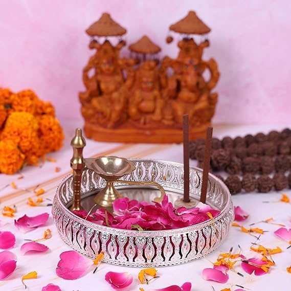 Silver Decorative Multipurpose Round Tray – 6 × 1 Inches Ornate Metal Platter for Snacks, Dry Fruits, Makeup, Jewelry, Puja & Gifts – Elegant Home Décor Serving Tray