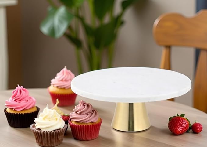 Cruiser’s Caché 12-Inch Marble Cake Stand | Natural White Marble with Gold Base | Round Dessert Stand, Cupcake Stand for Birthday Parties, Weddings, Baby Showers | White and Gold