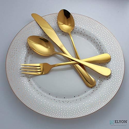 Elyon Tableware® Euro 24 piece Gold Flatware, Stainless Steel Silverware Set, Reflective Mirror Finish Cutlery Set, Reusable Dishwasher Safe, Service For 6