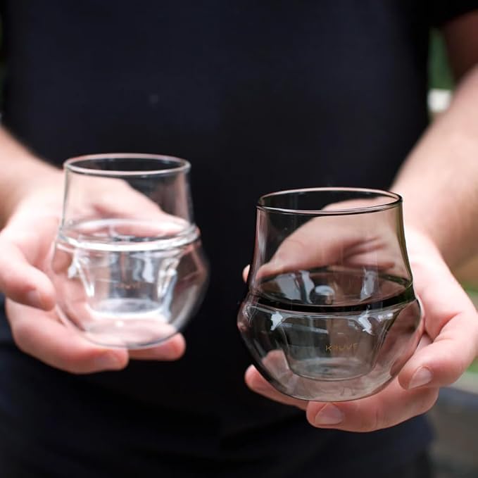 KRUVE Dark Propel Espresso Cups, Handmade Double-Walled Glass Coffee Mugs, Clear 2.5 oz, Scientific Design for Better Tasting Coffee (Set of Two) - Unique Glass Coffee Cups with Headspace