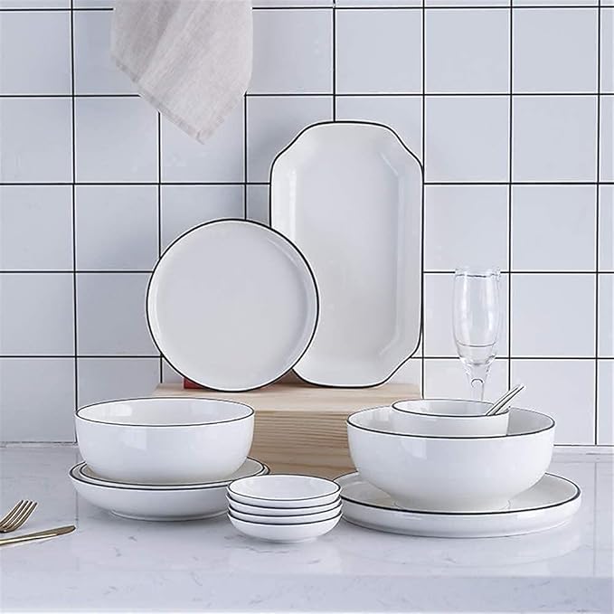 Dinnerware Set Kitchen and Dining, European Nordic Household Ceramic Tableware Simple Black Black Cutlery Plate White L 8 Inch,