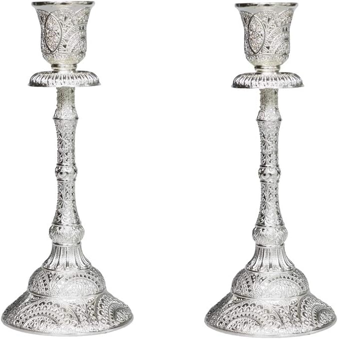 Silver Shabbat Candle Holder with Deluxe Engraved Design, Premium Silver Candlestick as Judaica Gift