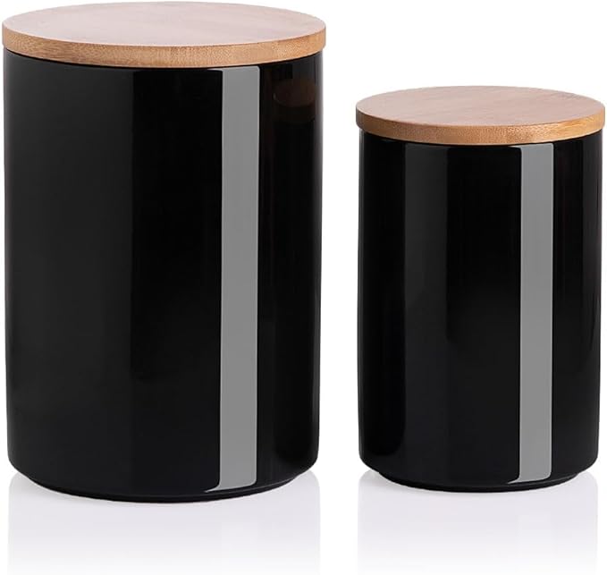Sweejar Kitchen Ceramic Food Storage Containers Set, Stackable Canisters for Countertop with Airtight Boomboo Lids for Serving Ground Coffee, Tea, Sugar, Salt and More- Set of 2 (Black)