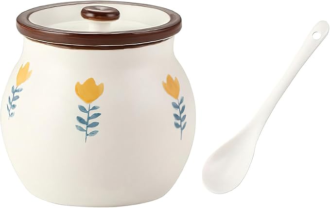 Ceramic Salt and Sugar Bowl, Porcelain Condiment Jars with Lid and Spoon, Seasoning Spice Pot Bowl, Salt Sugar Pepper Storage Jar, 400ml, Yellow Flower
