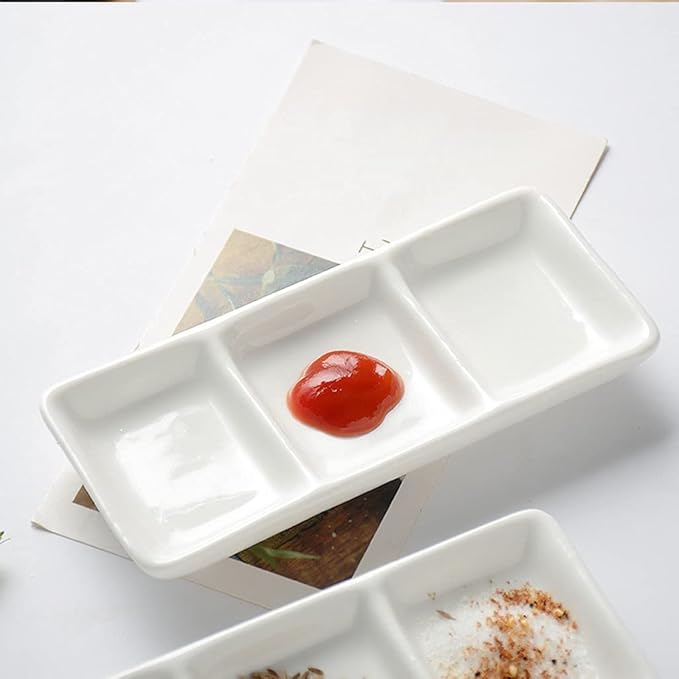 Dipping Sauce Dish Dipping Bowl Appetizer Plates Sauce Dish White Ceramic 3 Compartment Divided Soy Sauce Dishes Dipping Plates for Spice Dish Soy Sauce Vinegar Sushi Ketchup or Appetizer(2 Pack) Dipp