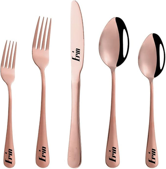 Stainless Steel Customized Flatware Set,Engraving Name Knife Forks Spoon,Personalized names will be engraved on your tableware, Customized Birthday Christmas Gift (Rose Gold)