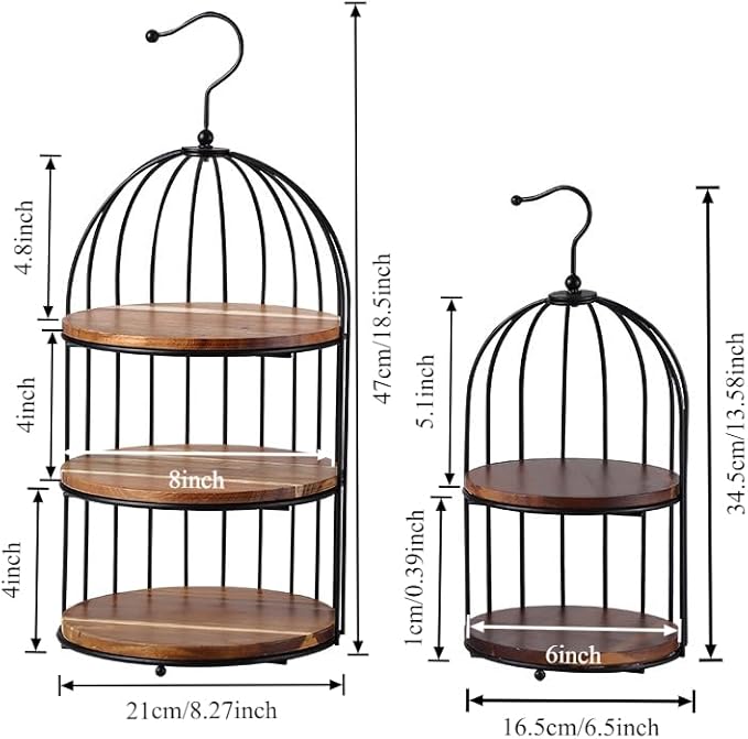 8.2-inch by 18.5-inch and a 6.5-inch by 13.5-inch 3-Layer Acacia Wood 2-Layer Acacia Wood Birdcage-Shaped Dessert Serving Tray Display Stand, Suitable for Decoration of Wedding Reception Tables