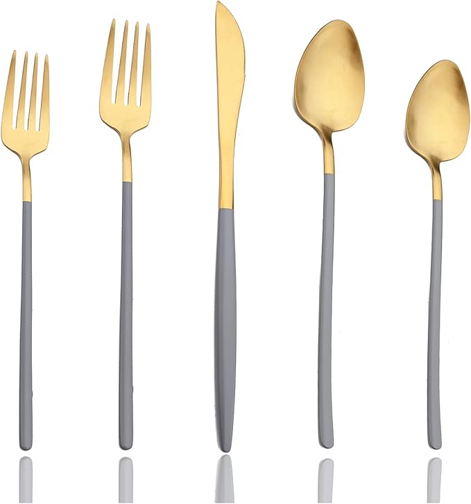 JASHII Matte Grey and Gold Silverware Set, 304 Stainless Steel Flatware Set Service for 4, Tableware Cutlery Set for Home Restaurant Party, Dinner Forks/Spoons/Knives, Slim Handle, Dishwasher Safe