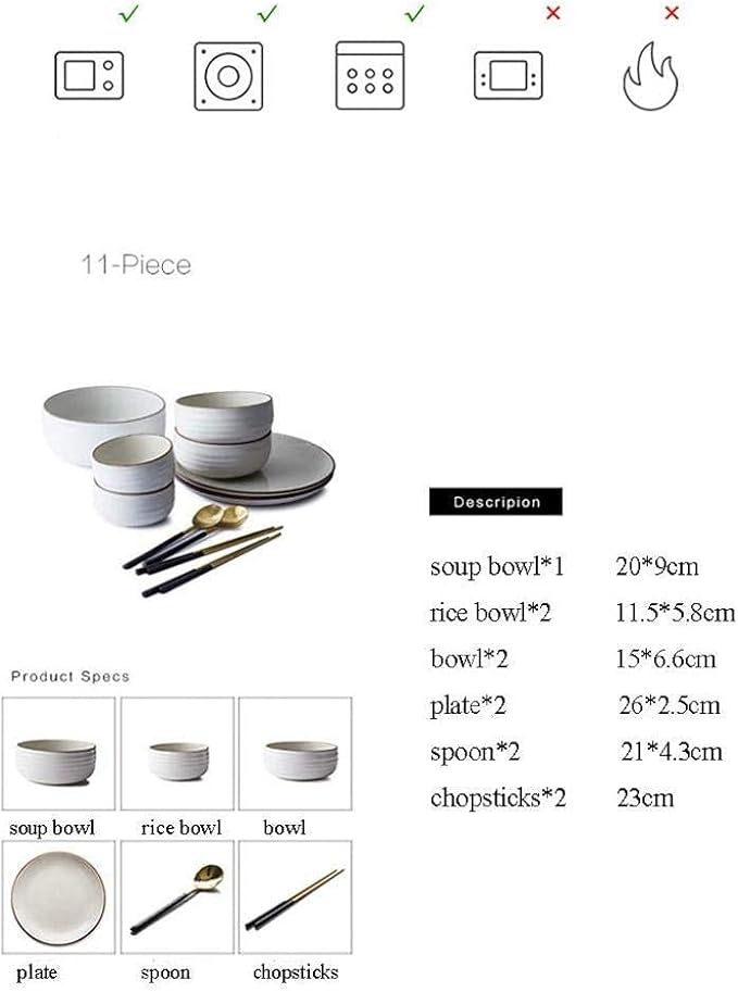 Dinner Plates Dishes/Plate/Bowl Set 11 Pieces White Round Porcelain Tableware Ceramic Dinner Set for 2-3 People,