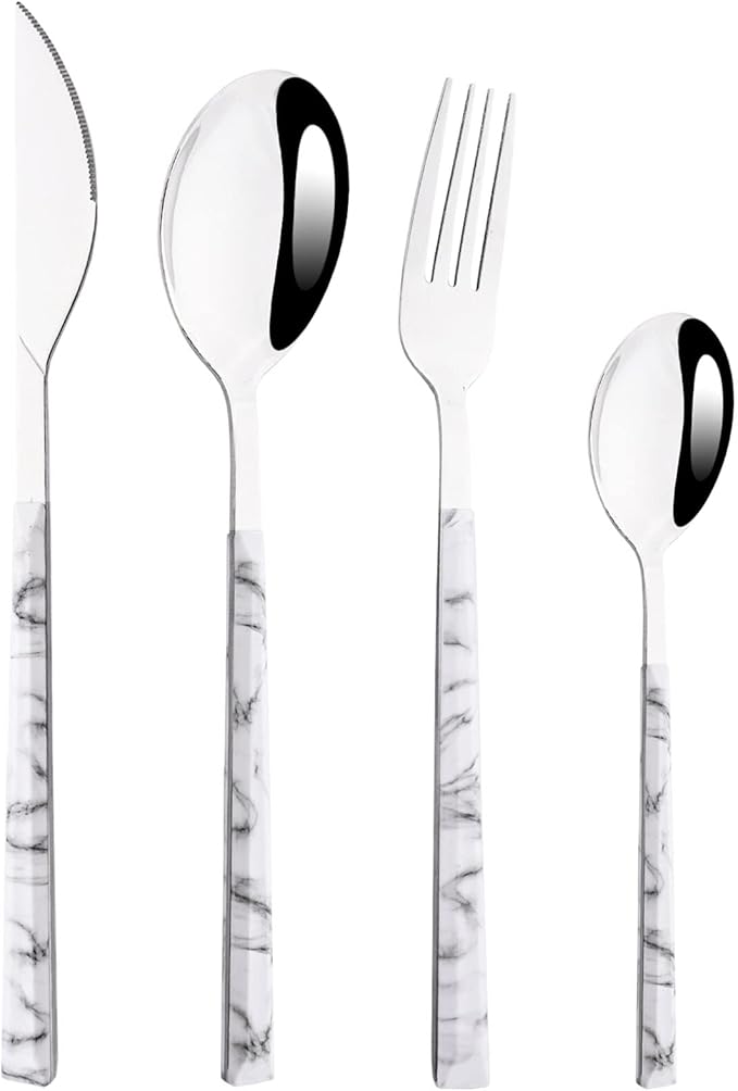 24Pcs White Imitation Marble Pattern Handle Flatware Silverware Set, Stainless Steel Cutlery Set for 6, Square Handle Eating Utensils, Mirror Polished for Home Kitchen Bar Restaurant