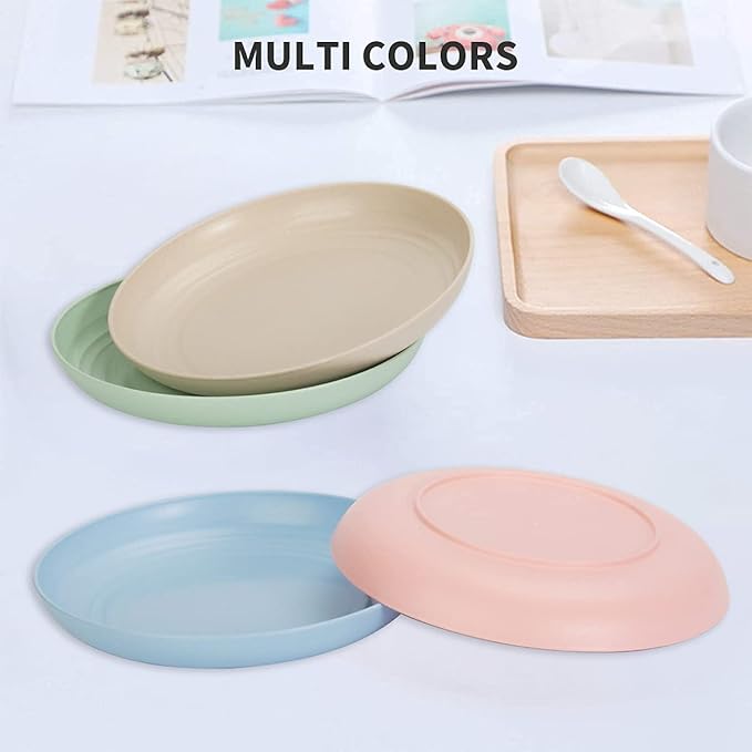 12 PACK 9 Inch Lightweight Wheat Straw Plates, Unbreakable Deep Dinner Plates, Plastic Plates Reusable, Assorted Colors Dinnerware Sets, Microwave & Dishwasher Safe