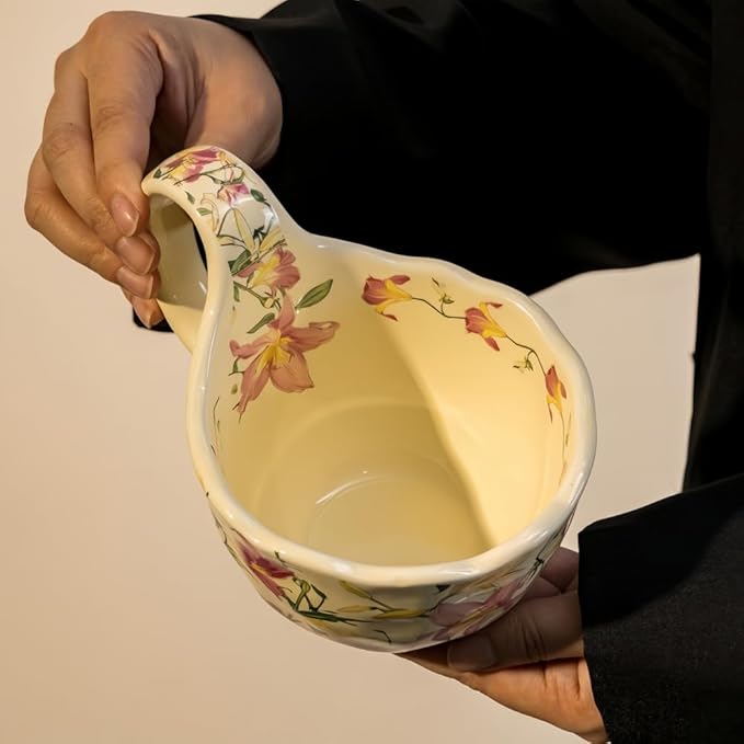 16.91oz/500ml Handpainted Soup Bowl with Handle,Ceramic Cereal Bowl Microwave &Dishwasher Safe,Loop Handle Bowl Great for Soup,Yogurt,Snack,Chip,Stew,Ice Cream,Coffee (Lily)