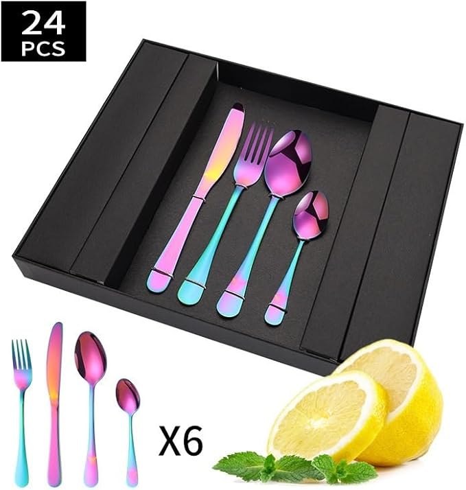 Stainless Steel Flatware Serving Set,Home Kitchen Eating Tableware Set,Dishwasher Safe,for Home Kitchen Restaurant Hote 24-Piece Stainless Steel Knife and Fork Set(Gold)(Black)