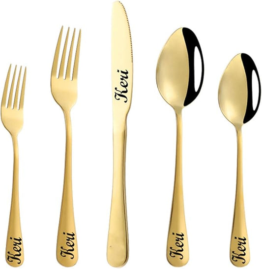 Stainless Steel Customized Flatware Set,Engraving Name Knife Forks Spoon,Personalized names will be engraved on your tableware, Customized Birthday Christmas Gift Gold