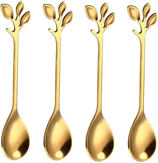 20 Pack Stainless Steel Leaf Coffee Spoon Tableware Dessert Spoons, Stirring, Mixing, Sugar, Stir, Ice Cream, Cake, Teaspoon 4.7 inch Gold