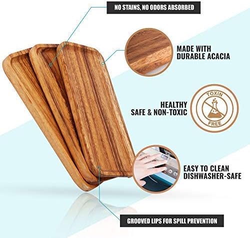 11.8 Inch Solid Wood Serving Platters and Trays Set of 3 Highly Durable Dishwasher Safe Rectangular Party Plates Avoid Sliding and Spilling Food with Easy Carry Grooved Handle Design