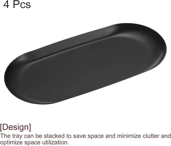 uxcell 4pcs Stainless Steel Decorative Tray, 7 Inch Oval Jewelry Tray, Small Serving Tray for Bathroom Countertops, Closets, Dressers, Black