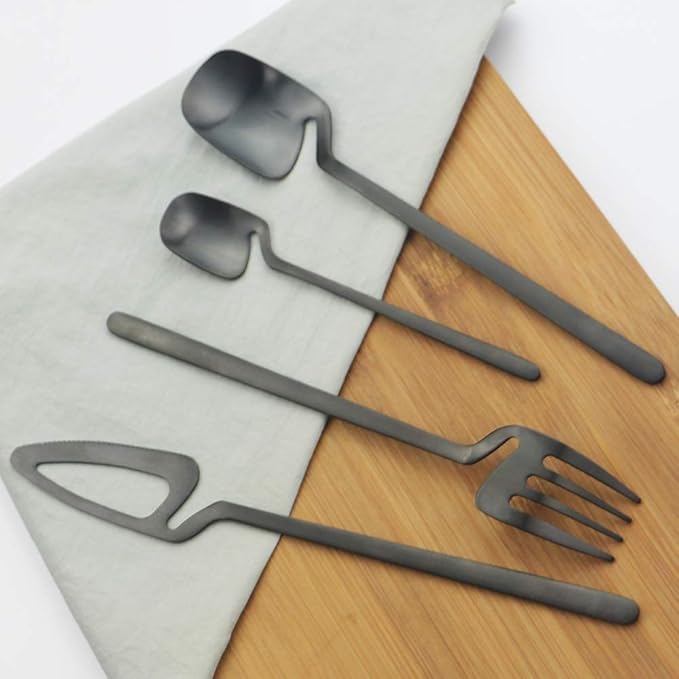 Luxury Matte Black Flatware, Silverware Sets, 4-piece Elegant Cute 18/10 Stainless Steel Silverware Set for Eating Home Kitchen Hotel Restaurant, Service Sets for 1 People, Dishwasher Safe