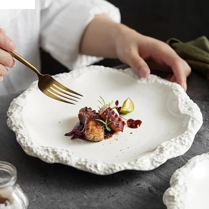 Reusable Plates Simple Solid Color Tableware Ceramic Pasta Steak Plate Dinner Creative Kitchen Irregular Shape Serving Tray Cooking Dishes(9.8 inch)