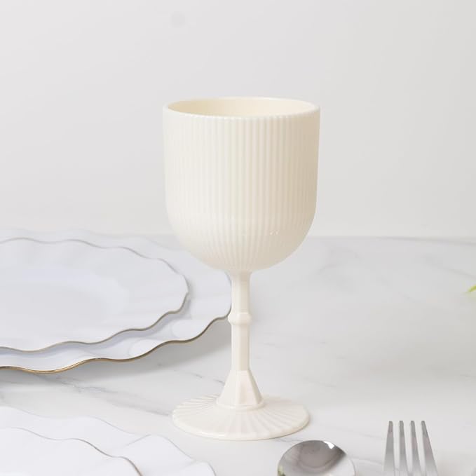 TCF Linen 12 Pack White Plastic Wine Goblets, 9oz Ribbed Reusable Shatterproof Drinkware for Weddings Parties Catering Cocktails and Desserts Cups
