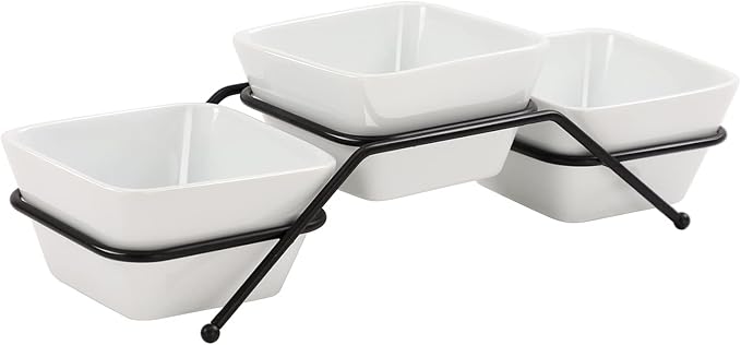 3 pcs square bowl Porcelain Chip & Dip Serving Set with Black Metal Stand, 4.5inch White Small Serving Bowls for Side Dishes, Salsa, Appetizer, Serving Dishes for Entertaining 11.5 OZ