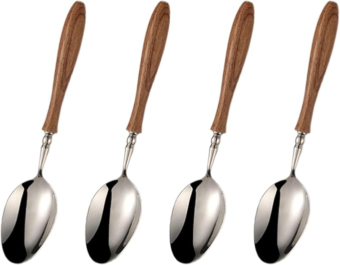 Teaspoons Set of 4, 5.9 Inch Stainless Steel Dessert Spoon with Wood Handle, Small Spoons Cutlery for Dessert/Coffee/Tea, Espresso Spoons Use for Home Party Restaurant, Kitchen Accessories